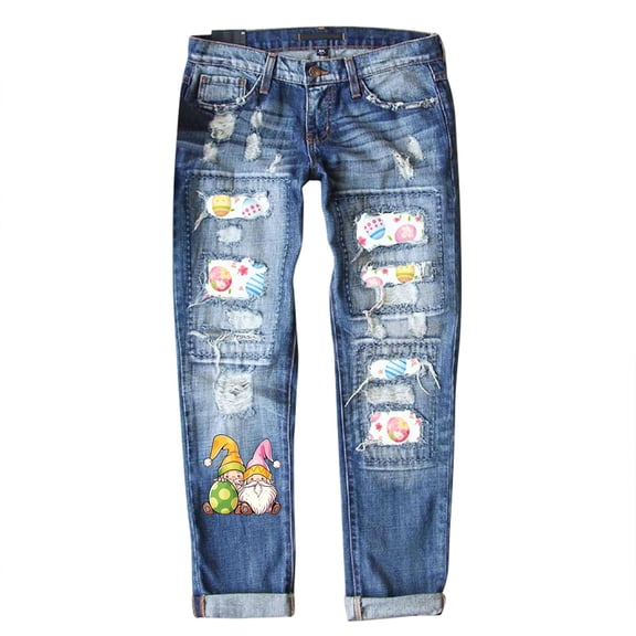 Women's Easter Jeans Print Ripped Casual Denim Pants