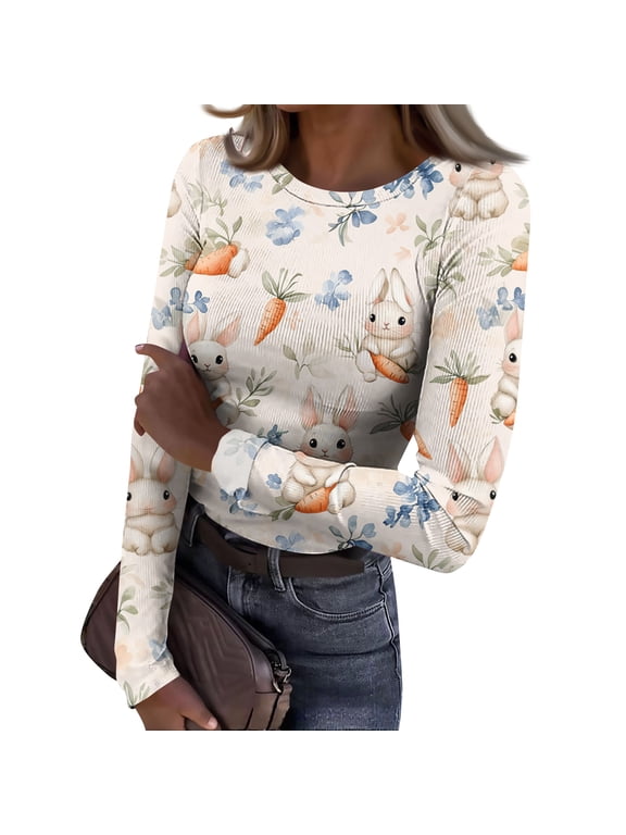 Women's Easter Knit Shirt Stretch Slim Fit Easter Knit Tops Graphic Easter Eggs Bunny Print Holiday Party Tee Tops