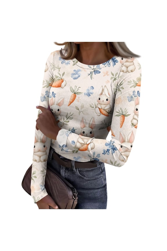 Women's Easter Knit Shirt Stretch Slim Fit Easter Knit Tops Graphic Easter Eggs Bunny Print Holiday Party Tee Tops