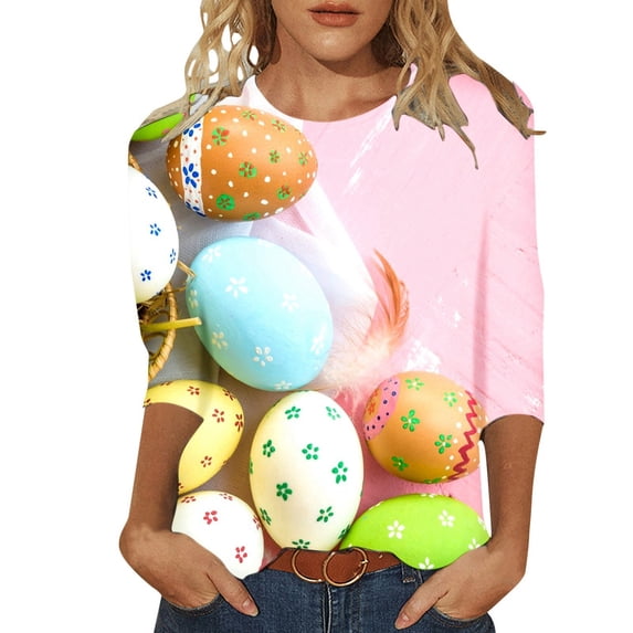 Women's Easter Print Crew Neck Casual Loose-Fit Versatile 3/4 Sleeve T-Shirt Pink M