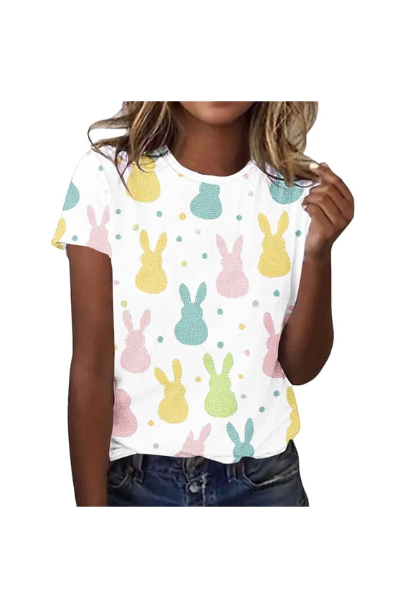 Women's Easter Print Short Sleeve T-Shirt - Round Neck Loose Casual Funny Graphic Tee Tops for Summer Easter Church Shirts