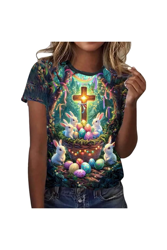 Women's Easter Print Short Sleeve T-Shirt - Round Neck Loose Casual Funny Graphic Tee Tops for Summer Easter Shirt