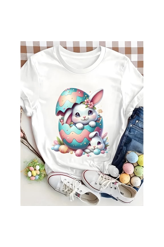 Women's Easter Rabbit & Egg Print Round Neck Tee, Fashion Casual Crew Neck T-shirt for Daily Holiday Vacation Outdoor Wear, Ladies Clothes for All Seasons, Womenswear