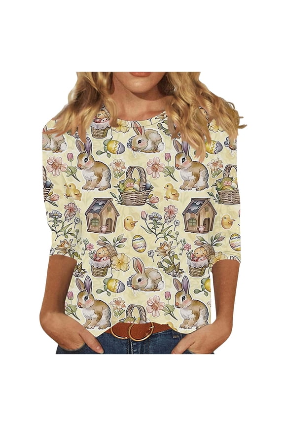 Women's Easter Rabbit Print Blouses 3/4 Sleeve Dressy Top Crew Neck Casual Cotton Tunic Blouses Business Shirts Yellow XXXL
