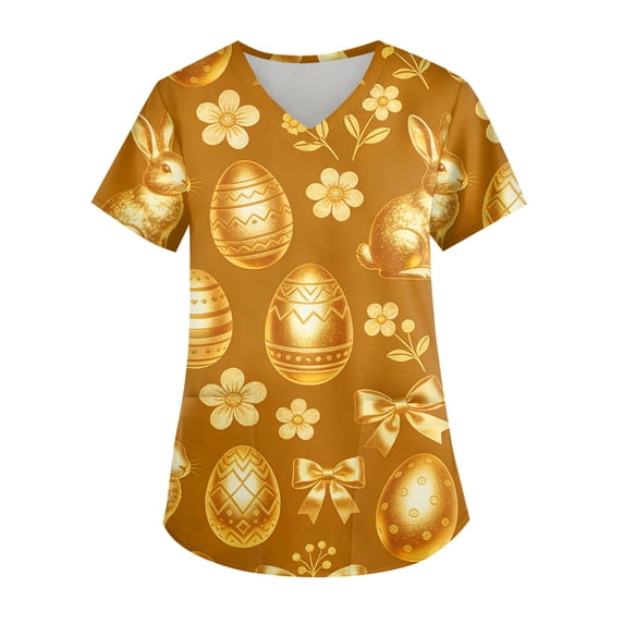 Women's Easter Scrub Tops Printed Fashion Medical Scrub Shirt Plus Size Funny Rabbits Graphic Medical Nurse Uniforms Scrub Top with Pockets