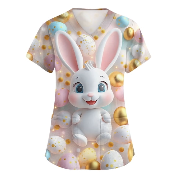 Women's Easter Scrub Tops Printed Fashion Medical Scrub Shirt Plus Size Funny Rabbits Graphic Medical Nurse Uniforms Scrub Top with Pockets