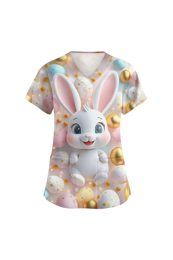 Women's Easter Scrub Tops Printed Fashion Medical Scrub Shirt Plus Size Funny Rabbits Graphic Medical Nurse Uniforms Scrub Top with Pockets