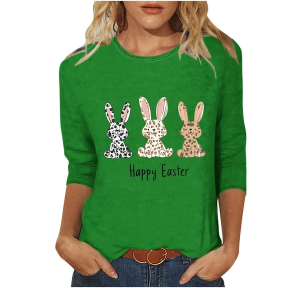 Women's Easter T Shirts 3/4 Sleeve Crew Neck Spring Cute Bunny Printed Graphic Tees Festive Casual Tops