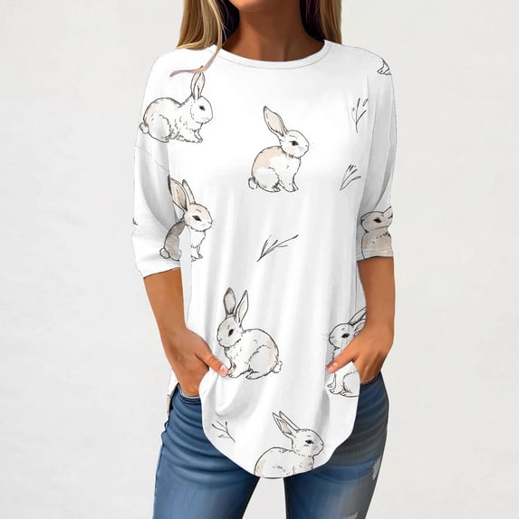 Women's Easter Themed 3/4 Sleeve Round Neck Loose Blouse For Casual Spring Holiday Outfits