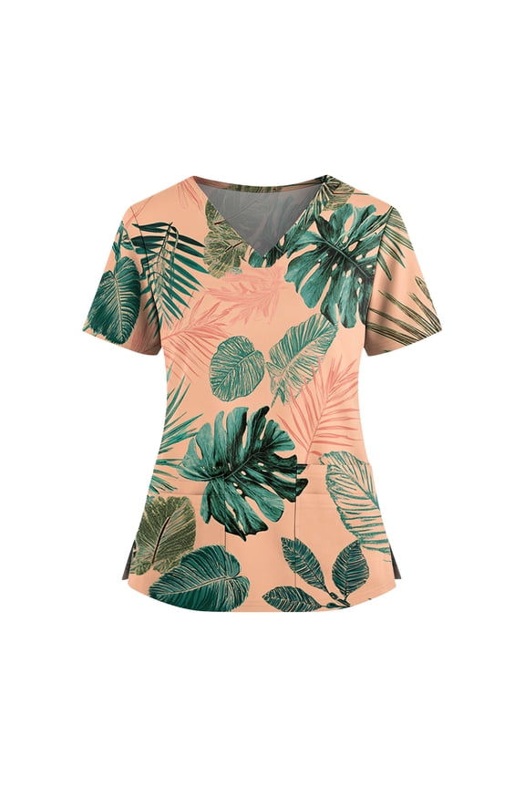 Women's Easy Care Hawaiian Printed Scrub Top Plus Size V-Neck Short Sleeve Nurse Work Shirt Blue M