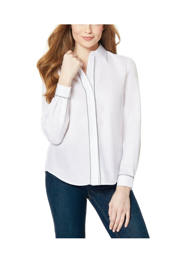 Women's Easy Care Y-Neck Button Down with Piping Blouse NYC White/Gingham XL