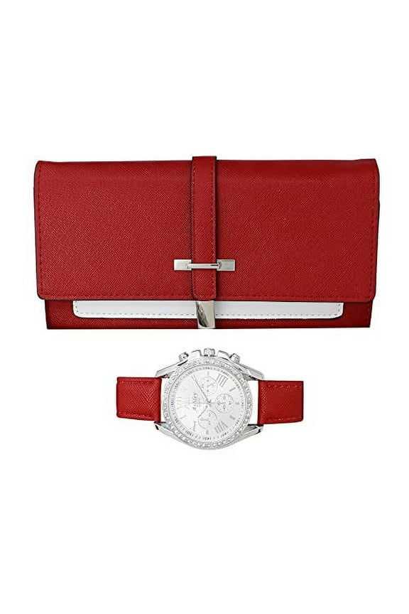 Women's Easy Reader Colorful Watch Matching with Perfect Colorful Wallet which Holds Smartphone, Credit Cards, Cash & Change Organized & Elegantly Impressive Gift Set - ST10038-N Maroon