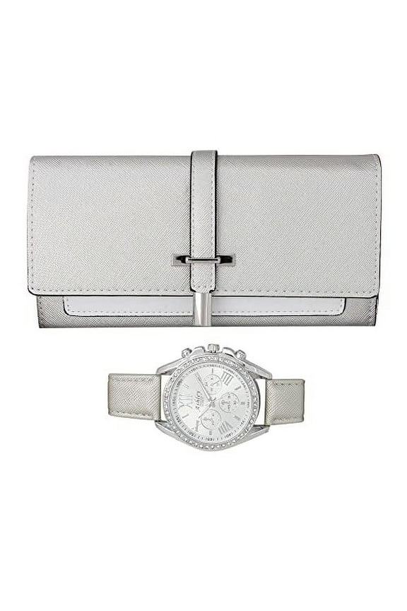 Women's Easy Reader Colorful Watch Matching with Perfect Colorful Wallet which Holds Smartphone, Credit Cards, Cash & Change Organized & Elegantly Impressive Gift Set - ST10234-N Silver