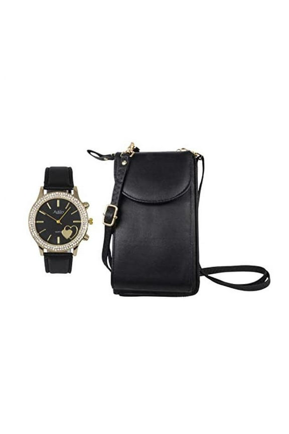 Women's Easy Reader Colorful Watch Matching with Perfect Colorful Wallet which Holds Smartphone, Credit Cards, Cash & Change Organized & Elegantly Impressive Gift Set - ST10385-Black