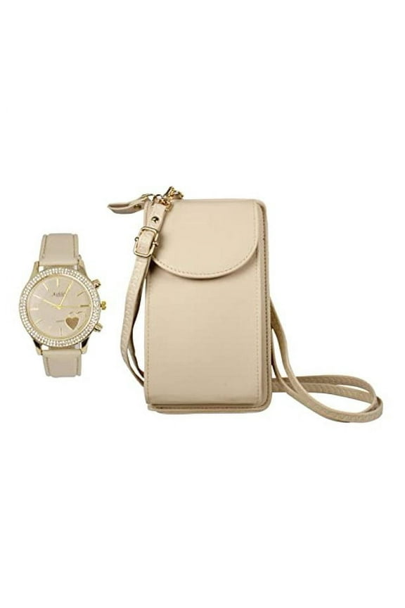 Women's Easy Reader Colorful Watch Matching with Perfect Colorful Wallet which Holds Smartphone, Credit Cards, Cash & Change Organized & Elegantly Impressive Gift Set - ST10385-Beige