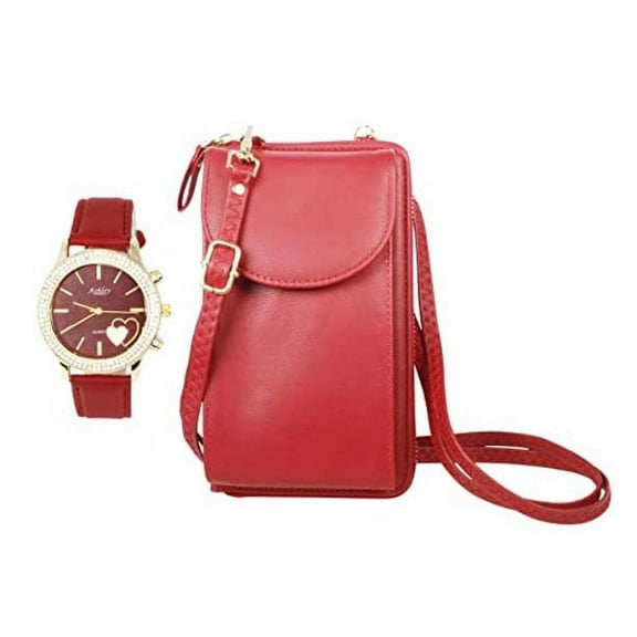 Women's Easy Reader Colorful Watch Matching with Perfect Colorful Wallet which Holds Smartphone, Credit Cards, Cash & Change Organized & Elegantly Impressive Gift Set - ST10385-Red
