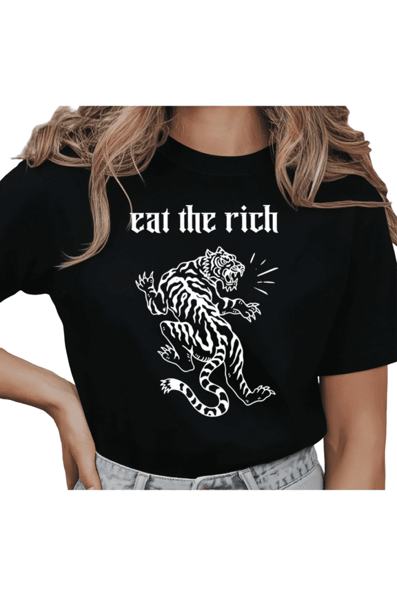 Women's "Eat The Rich" Tiger Graphic Comfortable Breathable T Shirt Gothic Vintage Short Sleeve Round Neck Top Black S-5XL