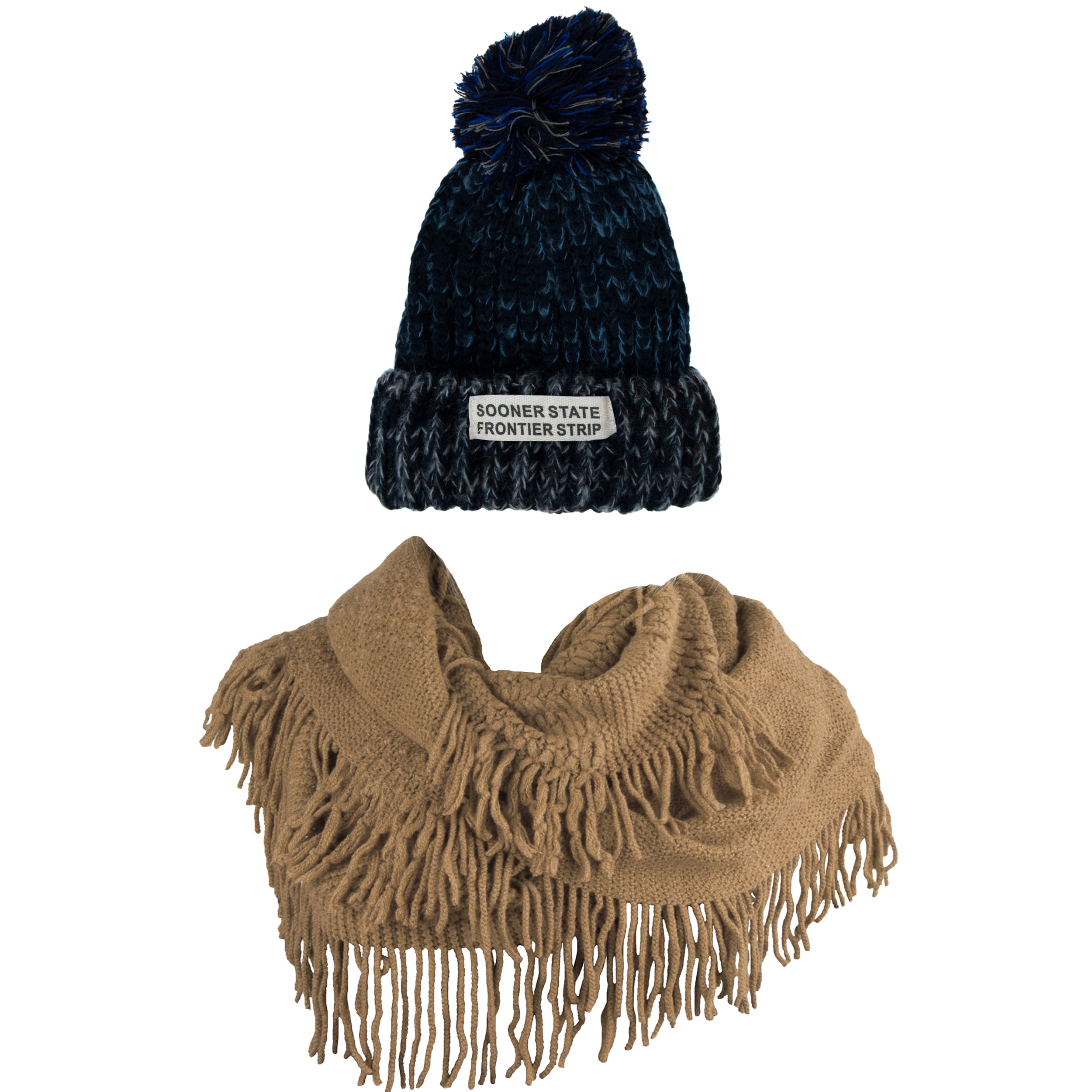 Women's Echo PomPom Warm Knitted Casual Beanie and Soft Plush Infinity Scarf Bundle