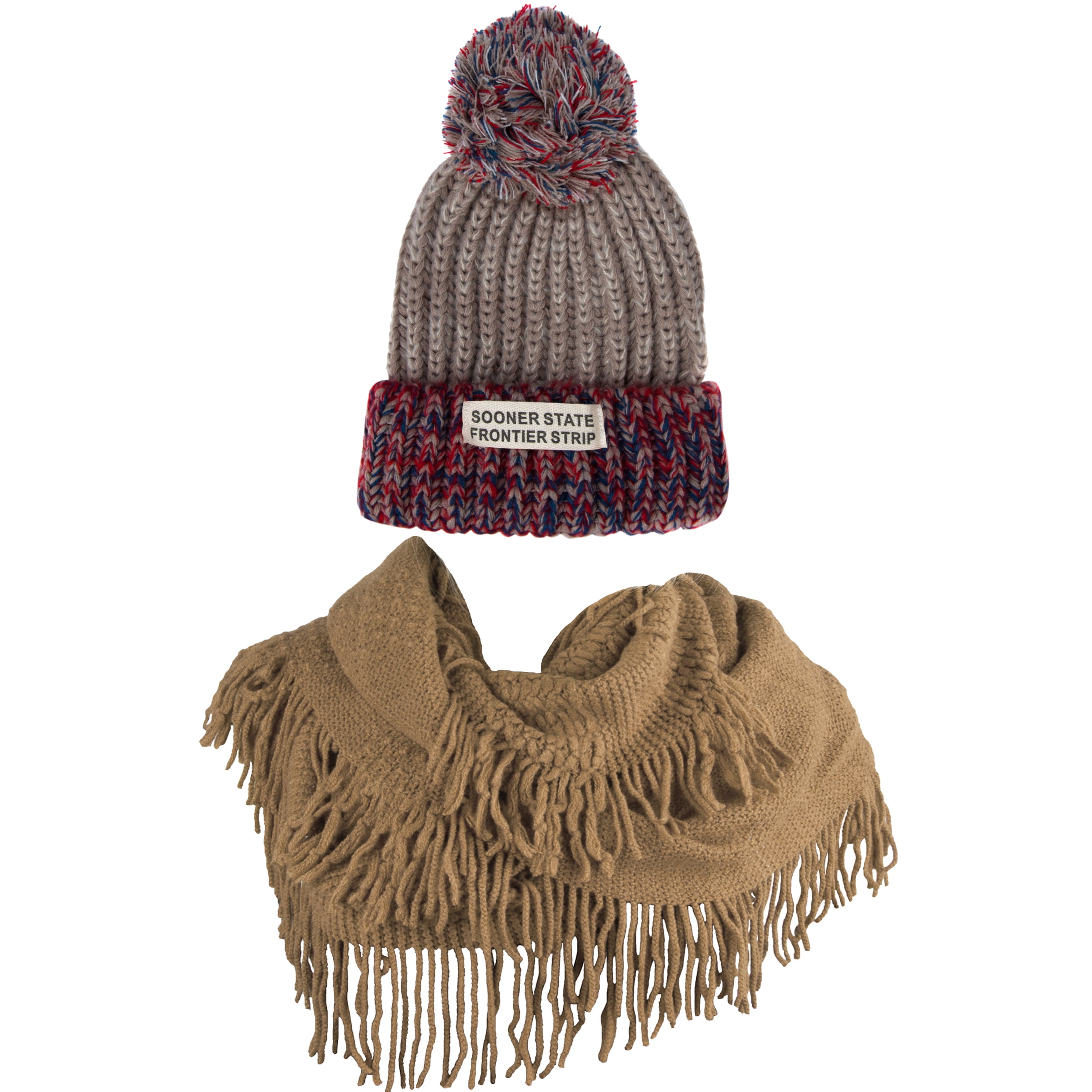 Women's Echo PomPom Warm Knitted Casual Beanie and Soft Plush Infinity Scarf Bundle
