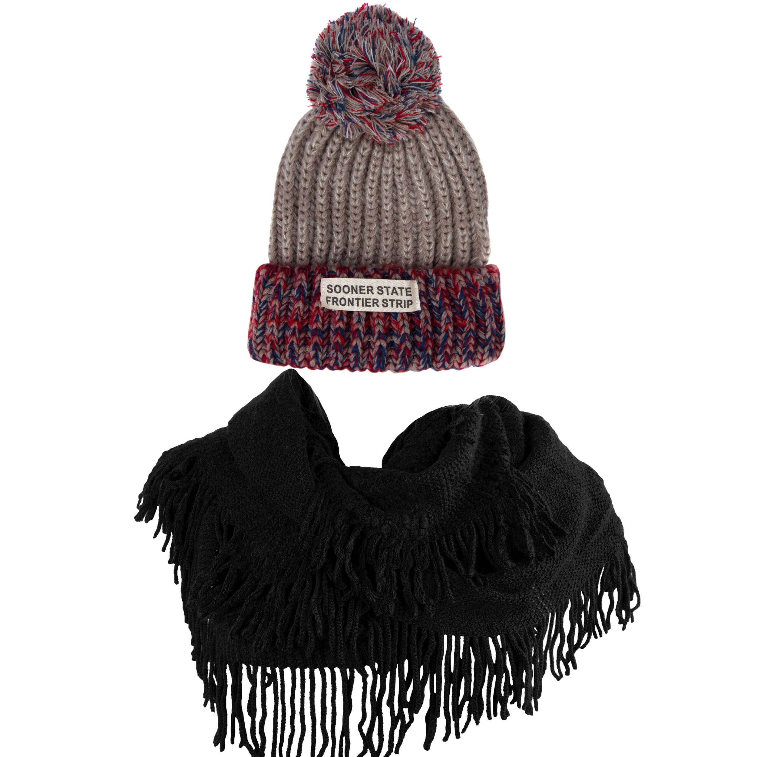 Women's Echo PomPom Warm Knitted Casual Beanie and Soft Plush Infinity Scarf Bundle