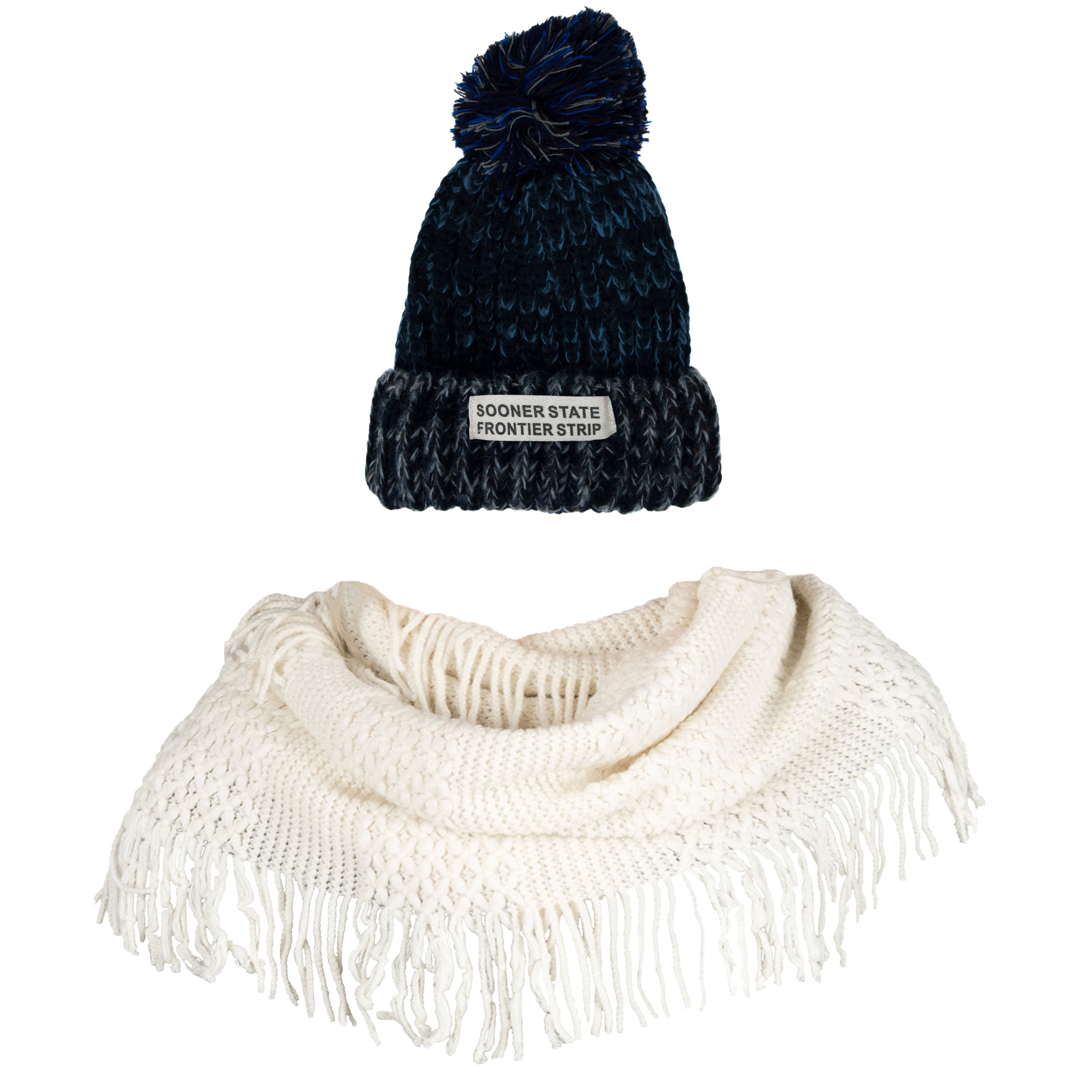 Women's Echo PomPom Warm Knitted Casual Beanie and Soft Plush Infinity Scarf Bundle