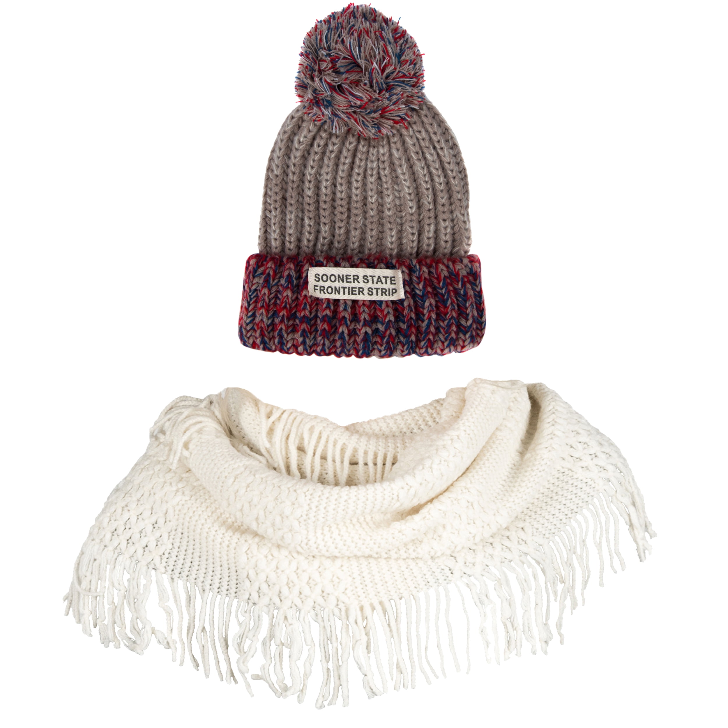 Women's Echo PomPom Warm Knitted Casual Beanie and Soft Plush Infinity Scarf Bundle