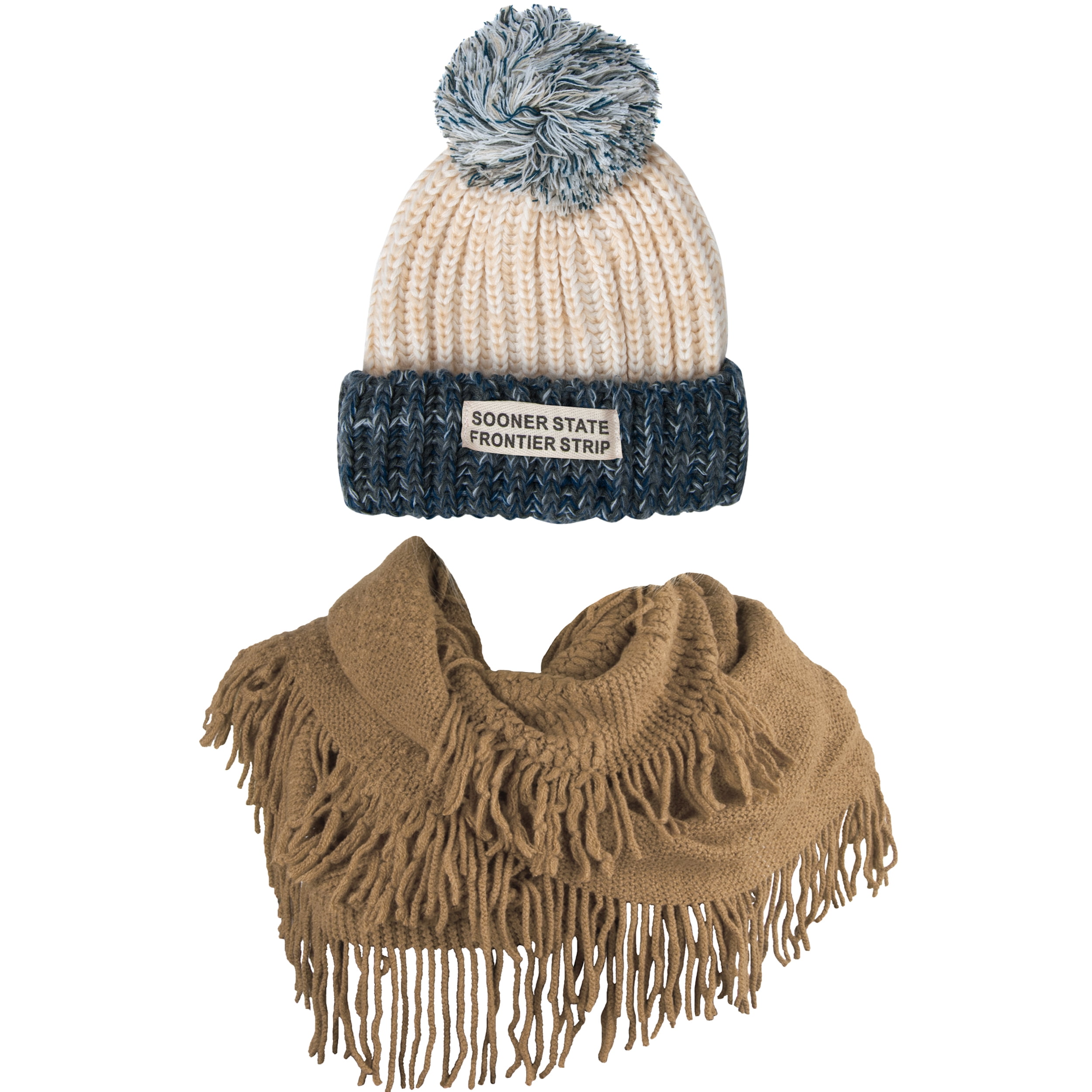 Women's Echo PomPom Warm Knitted Casual Beanie and Soft Plush Infinity Scarf Bundle