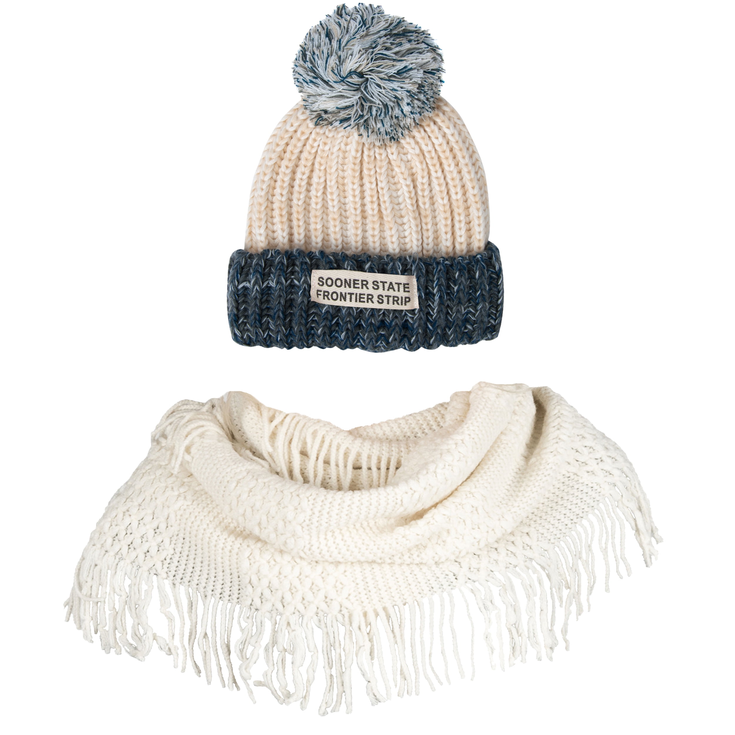 Women's Echo PomPom Warm Knitted Casual Beanie and Soft Plush Infinity Scarf Bundle