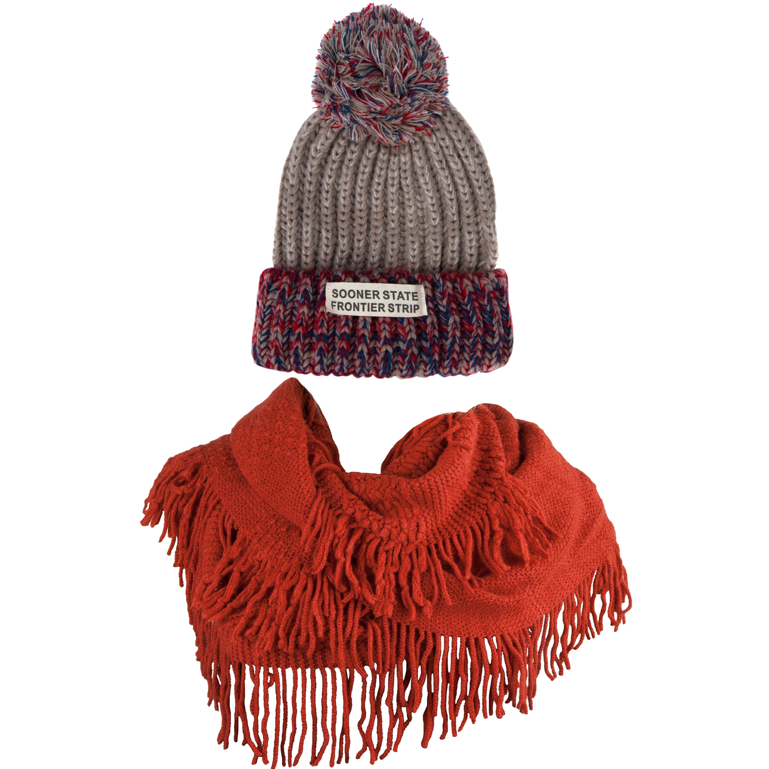 Women's Echo PomPom Warm Knitted Casual Beanie and Soft Plush Infinity Scarf Bundle