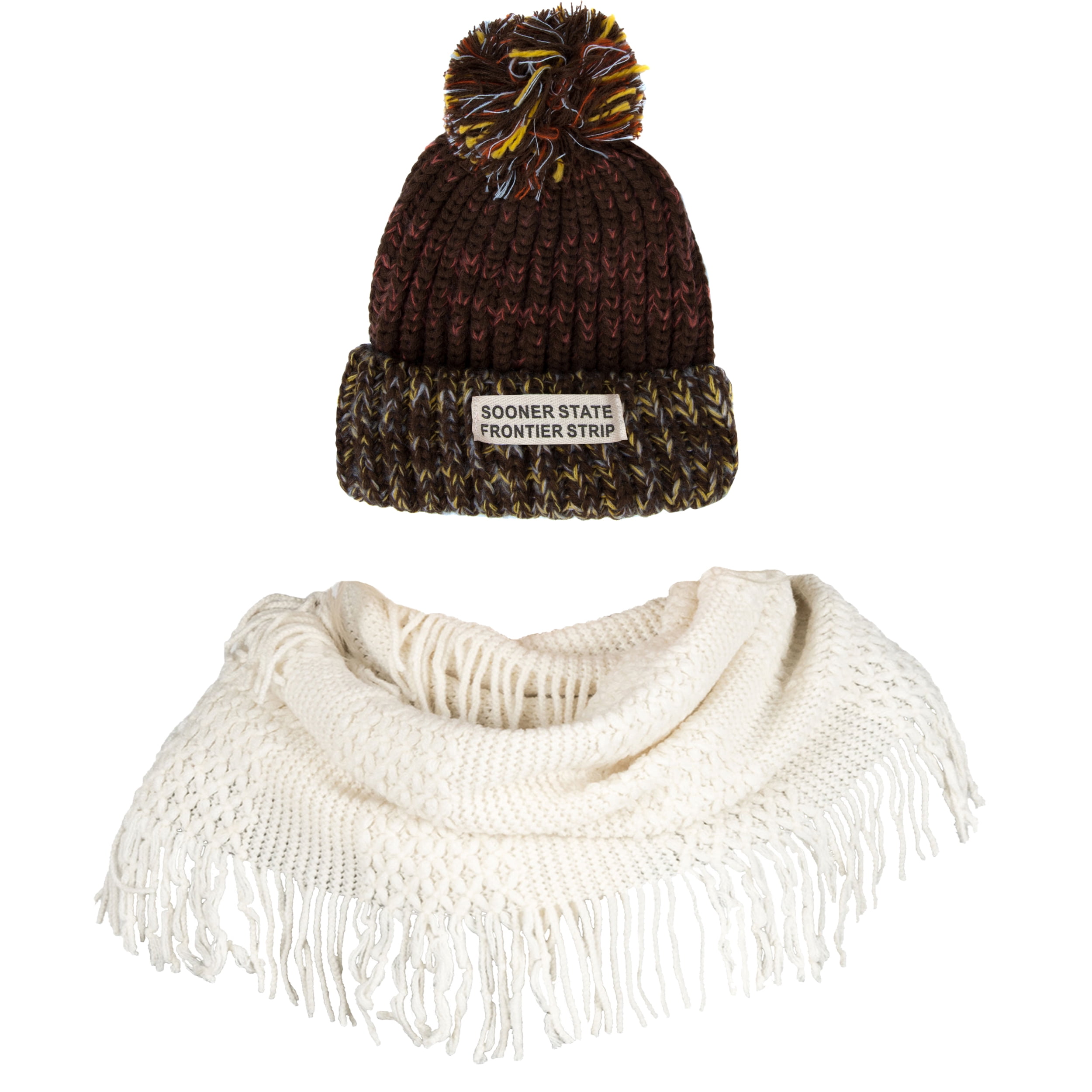 Women's Echo PomPom Warm Knitted Casual Beanie and Soft Plush Infinity Scarf Bundle