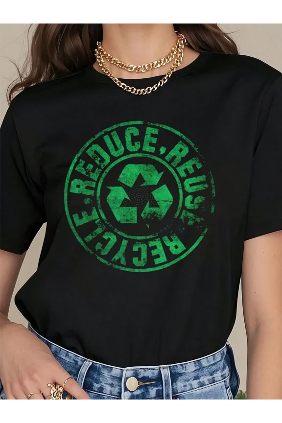 Women's Eco-Friendly Reduce Reuse Recycle Graphic T-Shirt Vintage Distressed Earth Day Sustainable Fashion Black Short Sleeve Tee