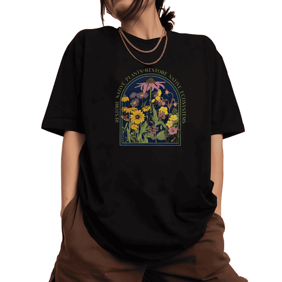 Women's Eco-Themed Floral Printed Crew Neck Cotton T Shirt Black S-5XL