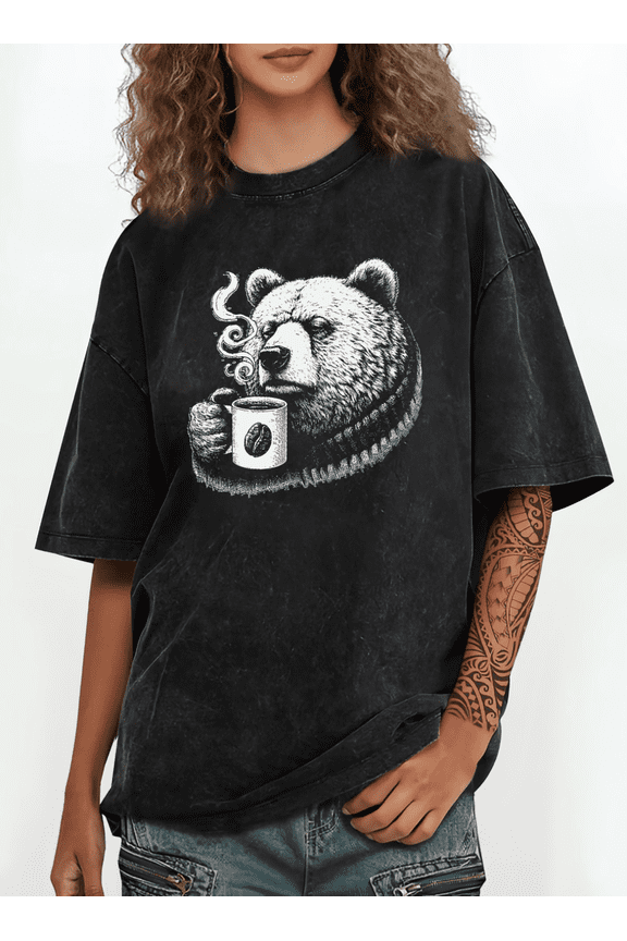 Women's Edgy Coffee Lover "Bear Drinking Coffee" Morning Bear Graphic Casual Washed T Shirt Comfortable Black S-2XL Plus Size