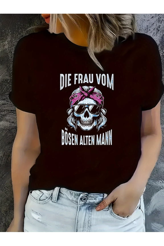 Women's Edgy Gothic Graphic T-Shirt- "Die Frau Vom Bosen Alten Mann" German Text& Pink Bandana Skull Print, Lightweight Breathable Black Crew Neck Short Sleeve Tee for Spring Summer Casual Wear,