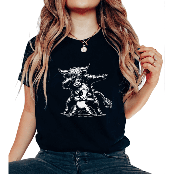 Women's Edgy Humorous "Dancing Highland Cow & Calf" Graphic Breathable T Shirt Short Sleeve Round Neck Top Black S-5XL