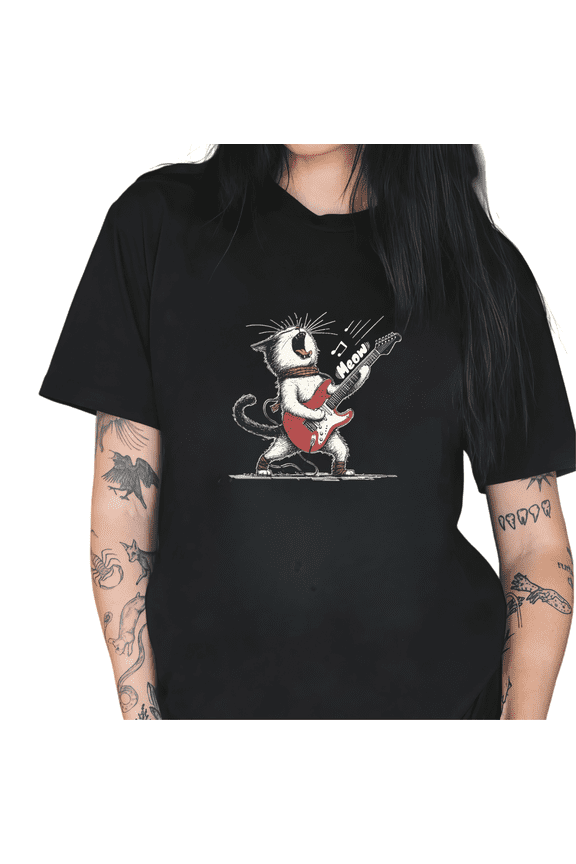 Women's Edgy Rock "Guitar Playing Cat" Graphic Breathable T Shirt Comfortable Short Sleeve Round Neck Top Black S-5XL