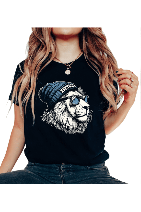 Women's Edgy Vintage "Detroit" Lion In Beanie & Sunglasses Graphic Breathable T Shirt Short Sleeve Round Neck Top Black S-5XL
