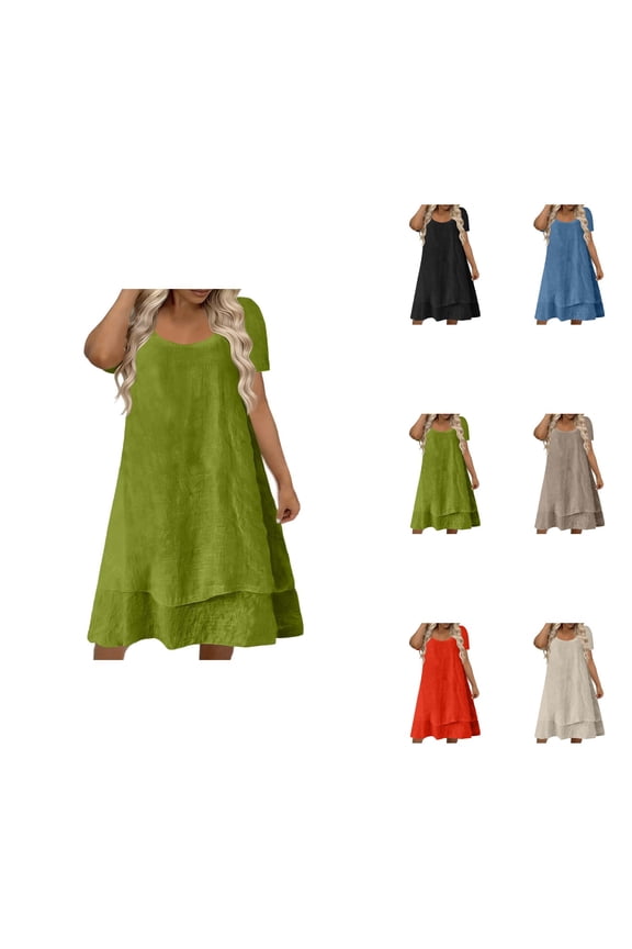 Women's Effortless Everyday Casual Dress – Loose Fit Short Sleeve Solid Color Layered Neck Midi Dress with Ruffle Detail, Knee-Length for Summer, for Beach, Travel & Vacation Outfits