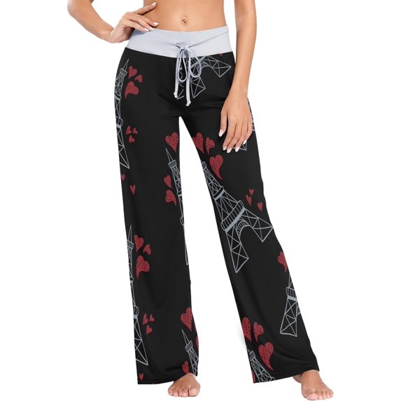 Women's Eiffel Tower Heart Black Pajama Pants, Casual Pajama Bottoms Lounge Pants Wide Leg
