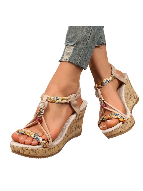 Women's Cork Footbed Platform Sandals Boho Fashion Beaded Woven Strappy Sandals Summer Open Toe Slingback Dress Shoes Beige Size8