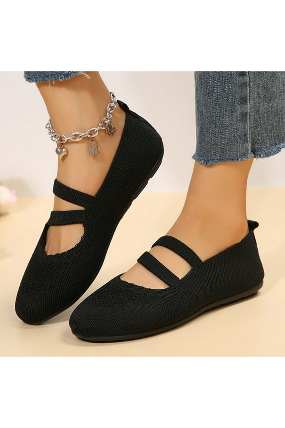 Women's Elastic Ankle Straps Ballerina Walking Flats Comfort Soft Shoes Round Toe Slip On Ballet Flat Shoes Knit Dress Shoes