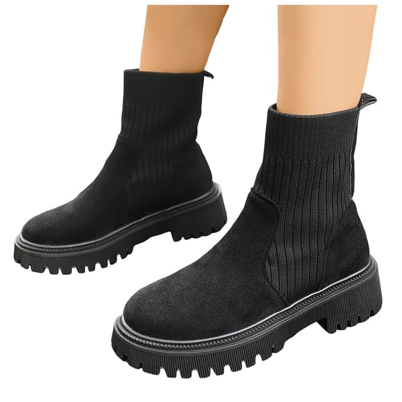 Women's Elastic Chelsea Boots Chunky Heel Platform Lug Sole Ankle Booties Slip On Mid Calf Combat Boots