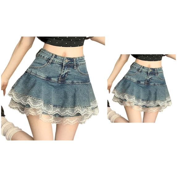 Women's Elastic Denim Pleated Skirt, High Waisted A-Line Jean Short with Pockets, Comfortable Casual for Everyday Wear, Home, Leisure Activities