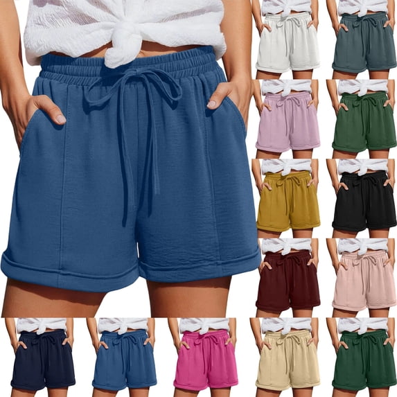 Women's Elastic Drawstring Casual Sweat Shorts, High Waist Loose Wide Leg Summer Lounge Shorts with Deep Side Pockets, Cuffed Hem Lightweight Beach Workout Jogger Shorts for Daily Vacation S-3XL