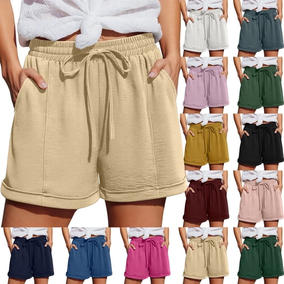 Women's Elastic Drawstring Casual Sweat Shorts, High Waist Loose Wide Leg Summer Lounge Shorts with Deep Side Pockets, Cuffed Hem Lightweight Beach Workout Jogger Shorts for Daily Vacation S-3XL