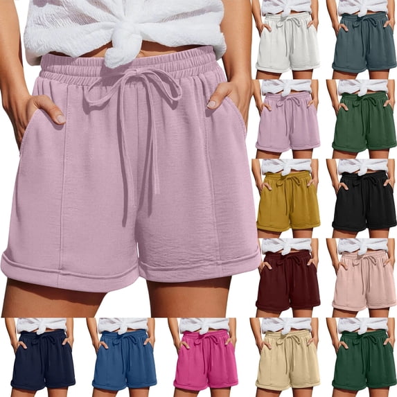 Women's Elastic Drawstring Casual Sweat Shorts, High Waist Loose Wide Leg Summer Lounge Shorts with Deep Side Pockets, Cuffed Hem Lightweight Beach Workout Jogger Shorts for Daily Vacation S-3XL