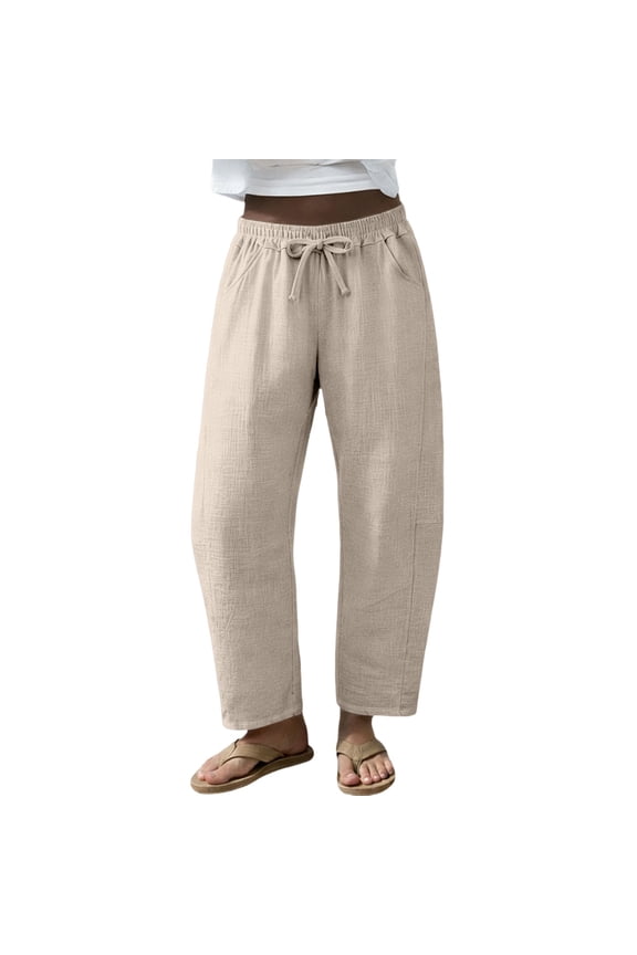 Women's Elastic Drawstring Pants, Cotton Linen Blend Wide Leg Casual Trousers for Lounge, Gym, and Daily Comfort, Barrel Fit Design with Relaxed Silhouette Beige L