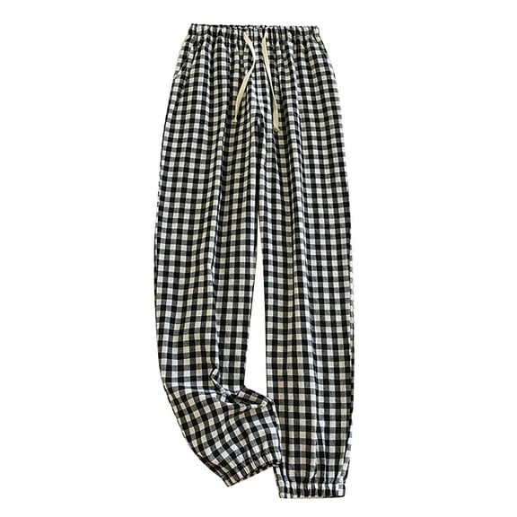 Women's Elastic Drawstring Waist Loose Wide Leg With Pockets Three Color Plaid Trousers