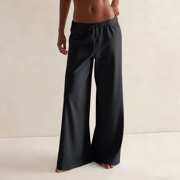 Women's Elastic Drawstring Waist Pants, Solid Color Casual Lounge Pants, Soft Wide Leg Loungewear for Home, Daily Wear, Relaxed Outfits and Comfort Black XL