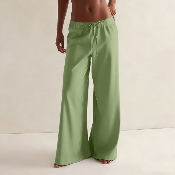 Women's Elastic Drawstring Waist Pants, Solid Color Casual Lounge Pants, Soft Wide Leg Loungewear for Home, Daily Wear, Relaxed Outfits and Comfort Green S